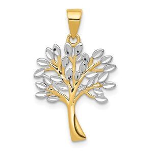 14k Yellow Gold and White Rhodium Diamond Cut Tree Pendant, 16mm